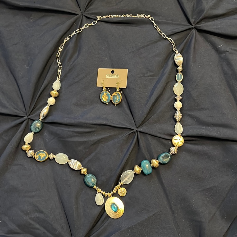 Chicos aqua necklace/earring set (adjustable)